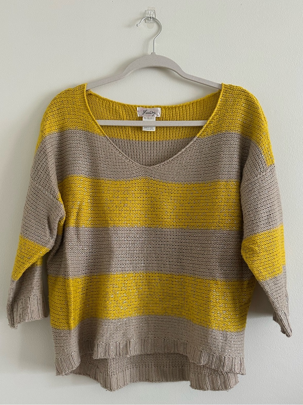 Freeway Yellow and Beige Striped V-Neck Sweater